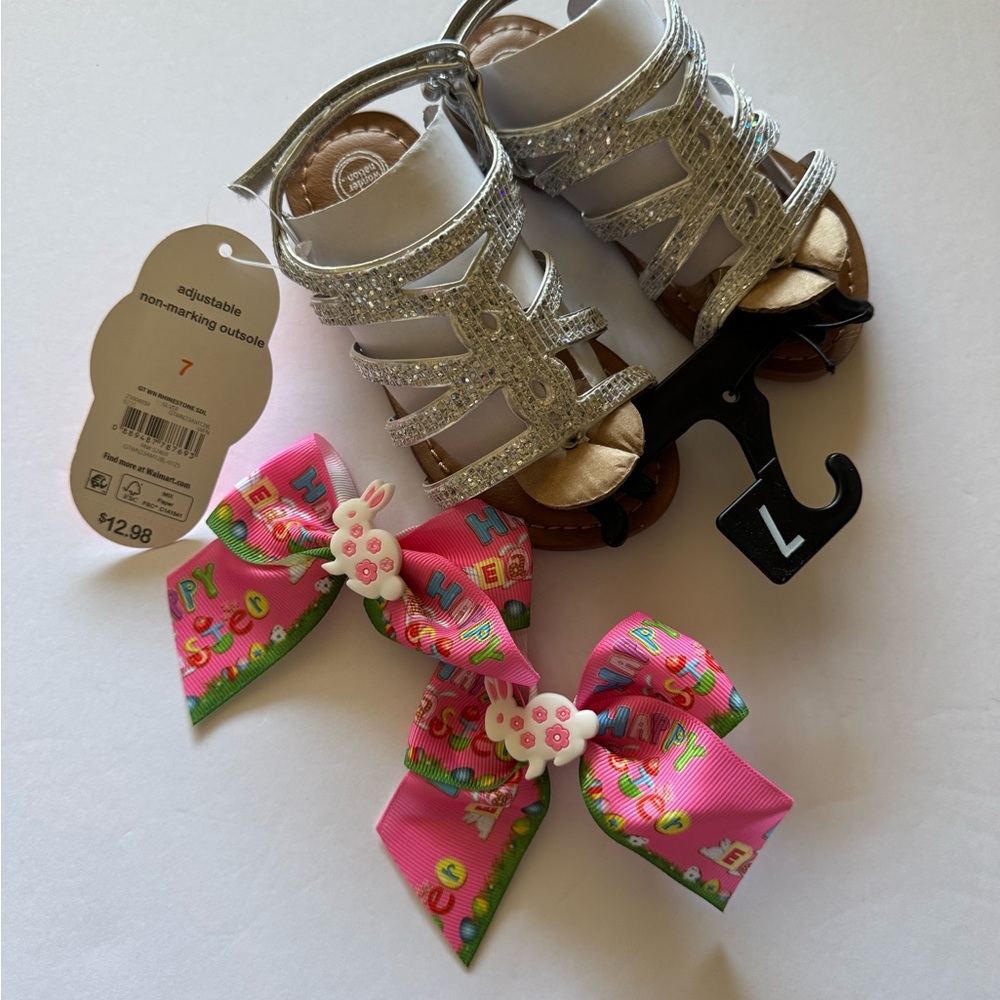 wonder nation Silver Glitter Girls Sandals with Pink Easter Bows